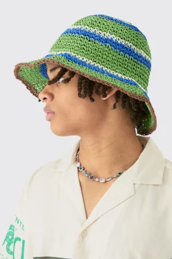 Striped Raffia Bucket Hat In Green | BoohooMAN UK