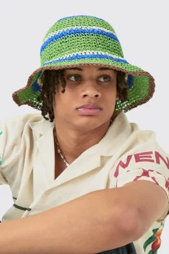 Striped Raffia Bucket Hat In Green | BoohooMAN UK