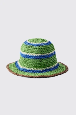 Striped Raffia Bucket Hat In Green | BoohooMAN UK