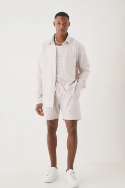 Striped Seersucker Overshirt & Short Set | BoohooMAN UK