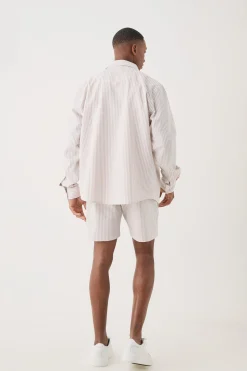 Striped Seersucker Overshirt & Short Set | BoohooMAN UK