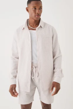 Striped Seersucker Overshirt & Short Set | BoohooMAN UK