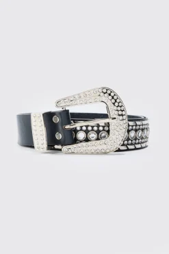 Studded Western Belt In Black | BoohooMAN UK