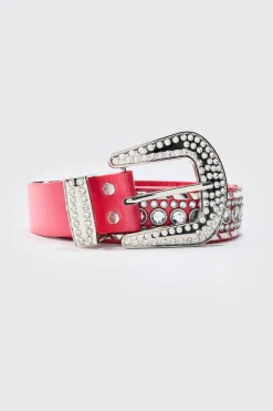 Studded Western Belt In Red | BoohooMAN UK