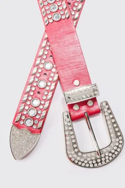 Studded Western Belt In Red | BoohooMAN UK