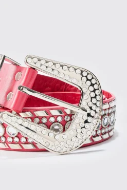 Studded Western Belt In Red | BoohooMAN UK