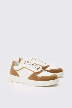 Suede Contrast Panel Trainer In Tan | BoohooMAN UK