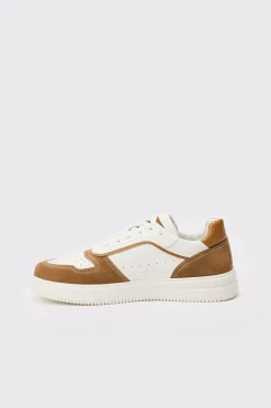 Suede Contrast Panel Trainer In Tan | BoohooMAN UK