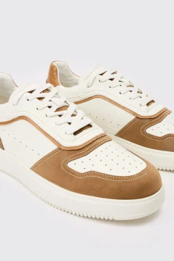 Suede Contrast Panel Trainer In Tan | BoohooMAN UK