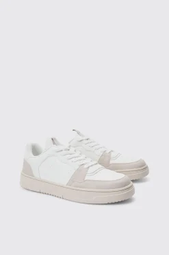 Suede Panel Chunky Trainer In White | BoohooMAN UK