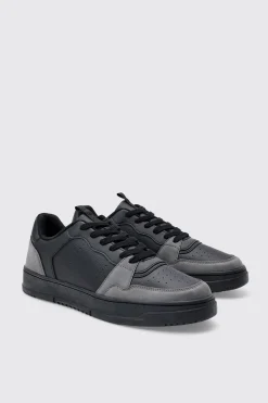 Suede Panel Chunky Trainer In Black | BoohooMAN UK