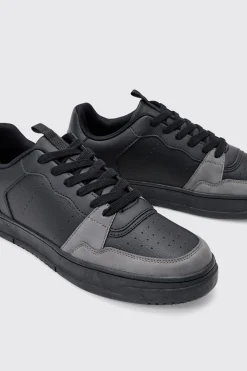 Suede Panel Chunky Trainer In Black | BoohooMAN UK
