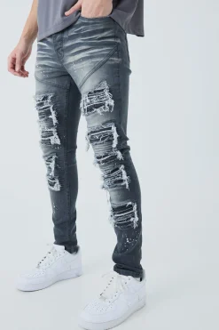 Super Skinny Biker Rip & Repair Paint Splatter Jeans | BoohooMAN UK