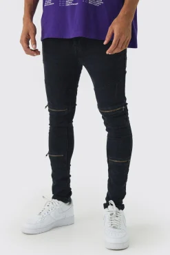 Super Skinny Biker Zip Detail Jeans | BoohooMAN UK