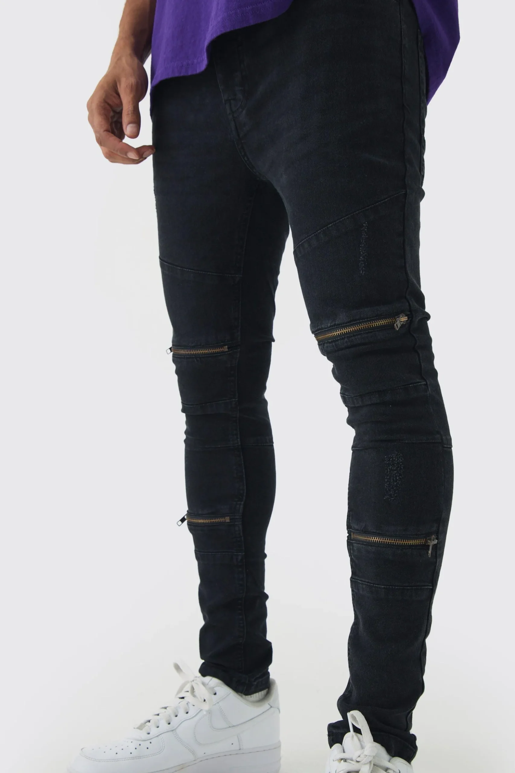 Super Skinny Biker Zip Detail Jeans | BoohooMAN UK
