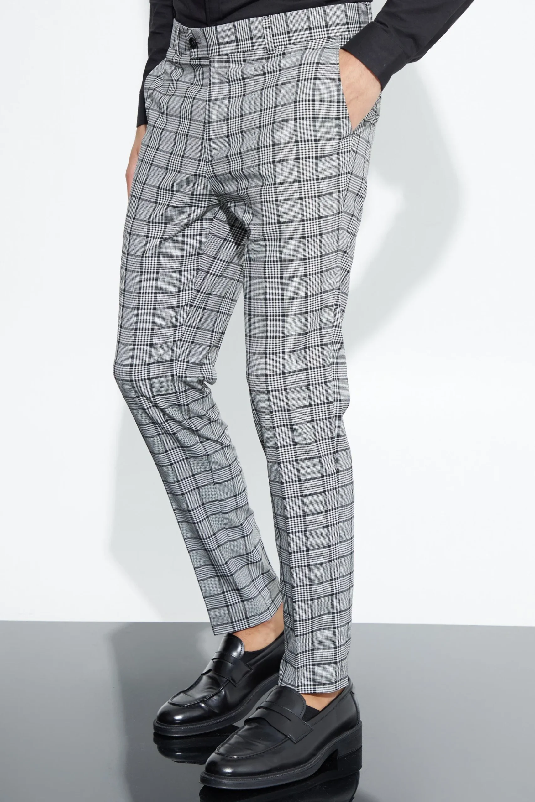 Super Skinny Black Check Crop Trouser | BoohooMAN UK