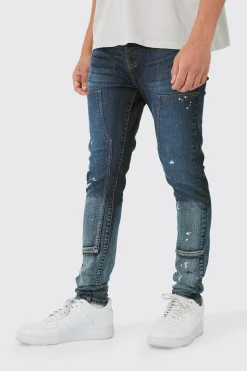 Super Skinny Stretch Carpenter Paint Splatter Jean In Blue Ombre | BoohooMAN UK