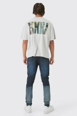 Super Skinny Stretch Carpenter Paint Splatter Jean In Blue Ombre | BoohooMAN UK
