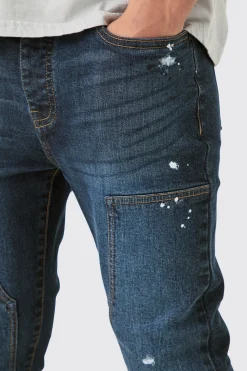 Super Skinny Stretch Carpenter Paint Splatter Jean In Blue Ombre | BoohooMAN UK