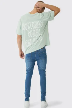 Super Skinny Stretch Jean In Mid Blue | BoohooMAN UK