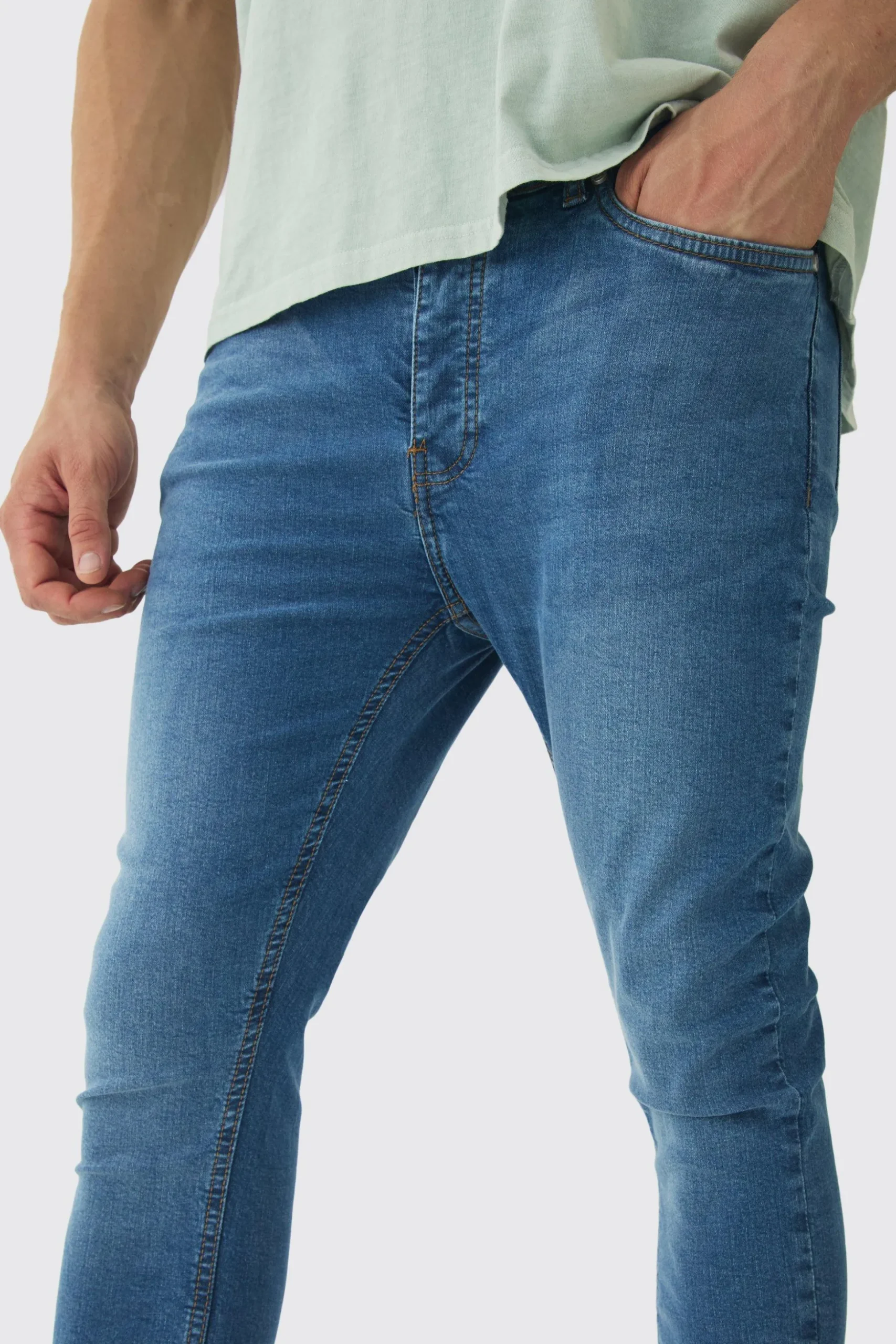 Super Skinny Stretch Jean In Mid Blue | BoohooMAN UK