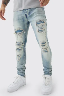 Super Skinny Stretch Pale Blue Biker Rip & Repair Jeans | BoohooMAN UK