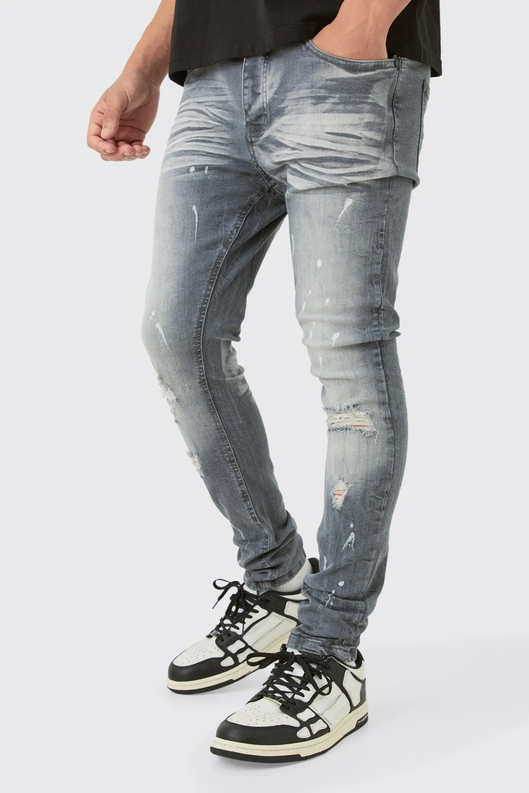 Super Skinny Stretch Ripped Jean In Dirty Wash | BoohooMAN UK