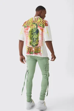 Super Skinny Stretch Strap Detail Paint Splatter Cargo Jeans | BoohooMAN UK