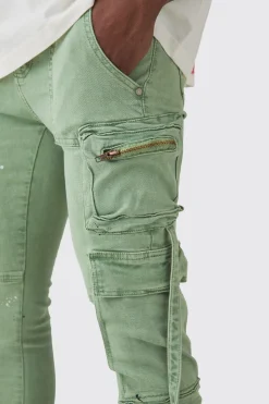 Super Skinny Stretch Strap Detail Paint Splatter Cargo Jeans | BoohooMAN UK