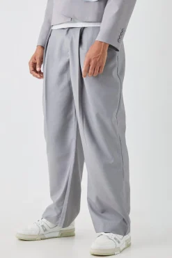Tailored Fixed Waist Wide Leg Pleated Trouser In Grey | BoohooMAN UK