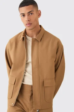 Tailored Regular Fit Pocket Front Zip Up Harrington Smart Set | BoohooMAN UK