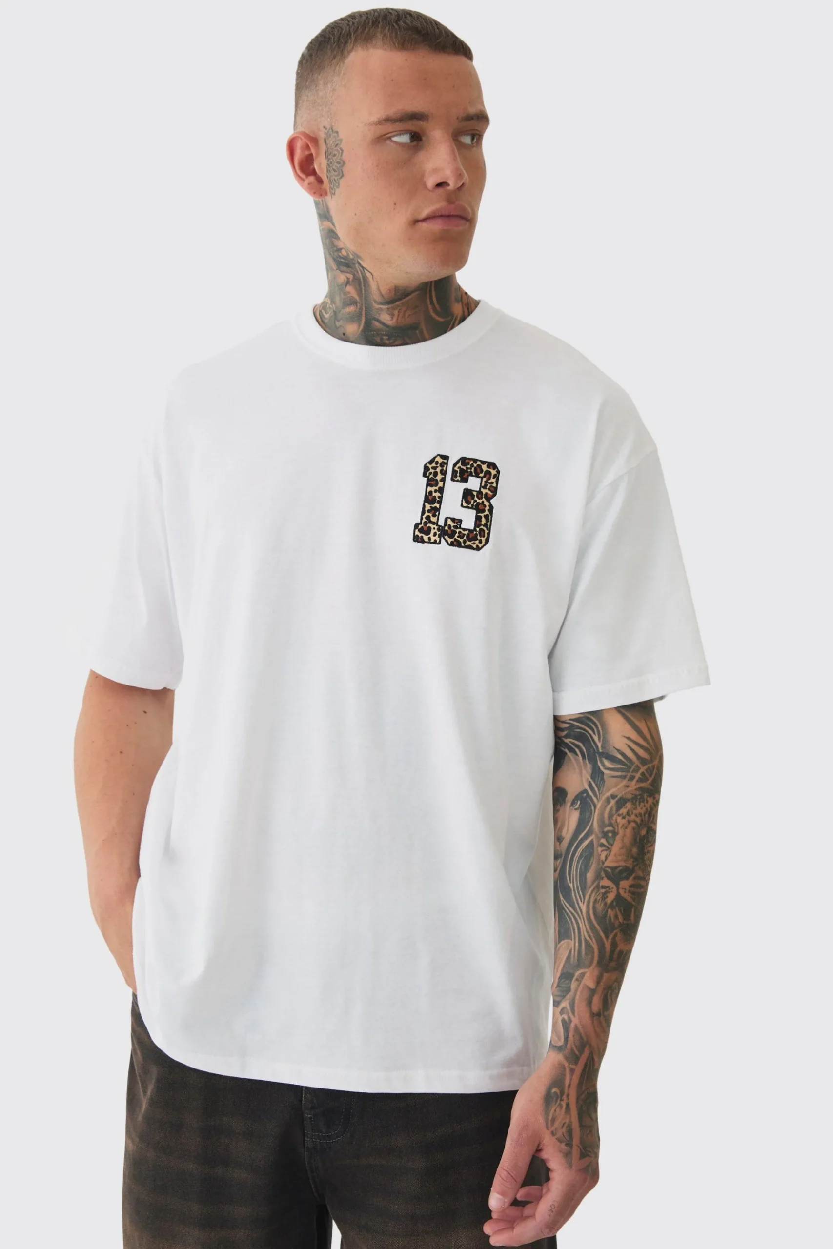Tall 13 Leopard Embroidered T-shirt In White | BoohooMAN UK