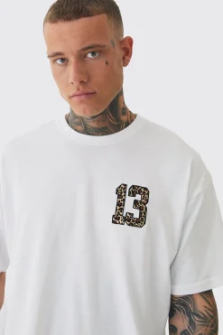 Tall 13 Leopard Embroidered T-shirt In White | BoohooMAN UK