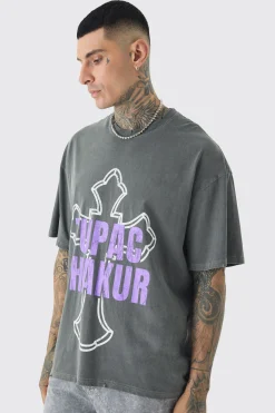 Tall 2 Pac Cross Printed License T-shirt In Grey | BoohooMAN UK