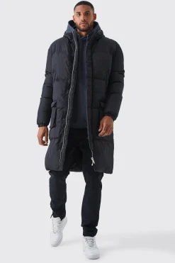 Tall 4 Pocket Longline Hooded Puffer Jacket In Black | BoohooMAN UK