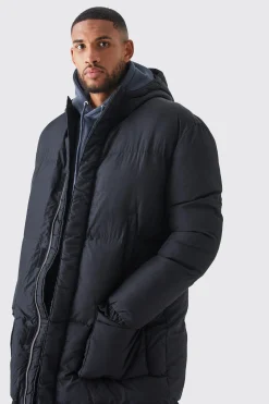 Tall 4 Pocket Longline Hooded Puffer Jacket In Black | BoohooMAN UK