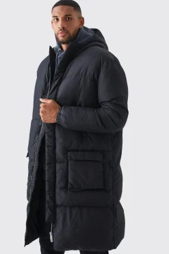 Tall 4 Pocket Longline Hooded Puffer Jacket In Black | BoohooMAN UK