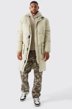 Tall 4 Pocket Longline Hooded Puffer Jacket In Ecru | BoohooMAN UK