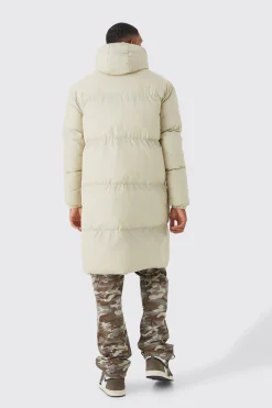 Tall 4 Pocket Longline Hooded Puffer Jacket In Ecru | BoohooMAN UK