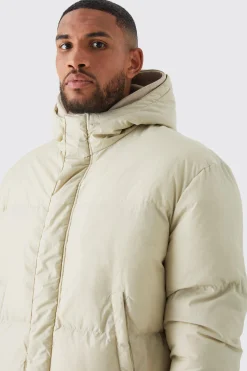 Tall 4 Pocket Longline Hooded Puffer Jacket In Ecru | BoohooMAN UK