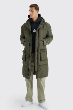 Tall 4 Pocket Longline Hooded Puffer Jacket In Khaki | BoohooMAN UK