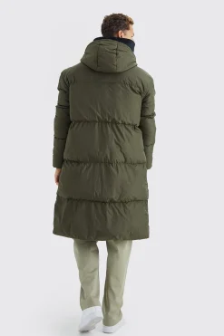 Tall 4 Pocket Longline Hooded Puffer Jacket In Khaki | BoohooMAN UK