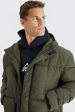 Tall 4 Pocket Longline Hooded Puffer Jacket In Khaki | BoohooMAN UK