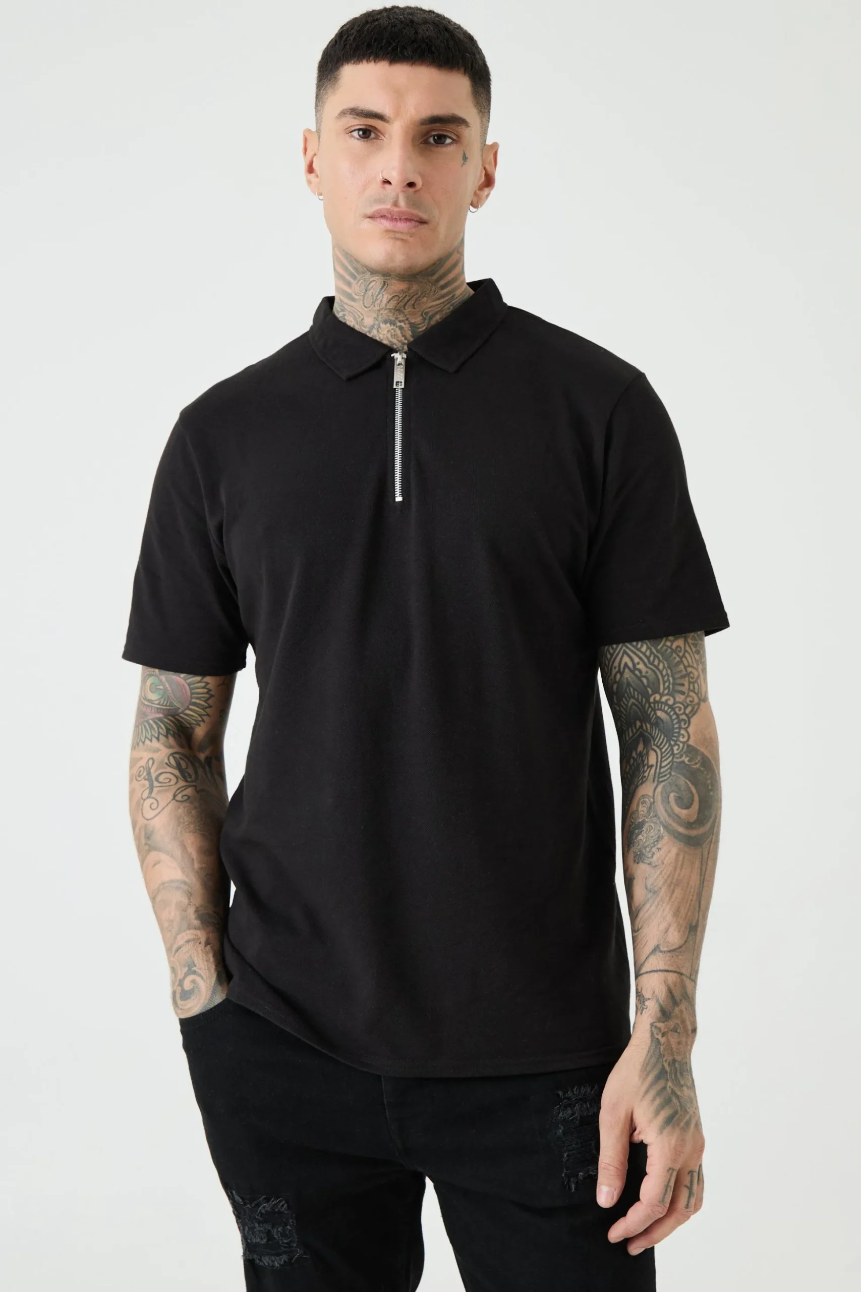 Tall 1/4 Zip Pique Polo | BoohooMAN UK
