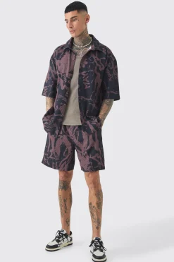 Tall Abstract Printed Oversized Short Sleeve Pleated Shirt & Short Set | BoohooMAN UK