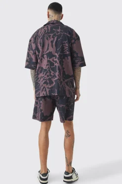 Tall Abstract Printed Oversized Short Sleeve Pleated Shirt & Short Set | BoohooMAN UK