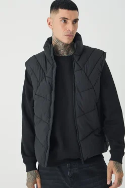 Tall Abstract Quilted Funnel Neck Gilet In Black | BoohooMAN UK