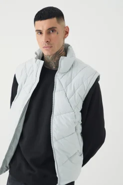 Tall Abstract Quilted Funnel Neck Gilet In Light Grey | BoohooMAN UK