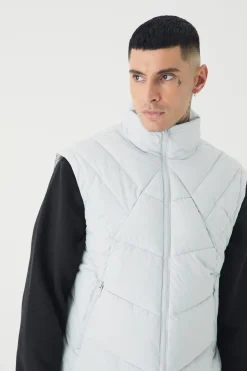 Tall Abstract Quilted Funnel Neck Gilet In Light Grey | BoohooMAN UK