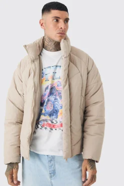 Tall Abstract Quilted Funnel Neck Puffer Jacket In Stone | BoohooMAN UK